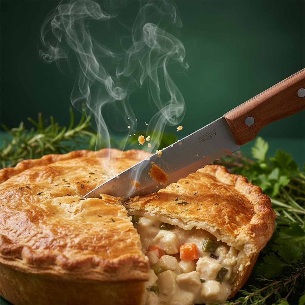 Delicious halal chicken pie being sliced